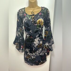 BRONTË Black Sabrina Floral Velvet Bell Ruffle Sleeve Dark Romantic Dress Size S